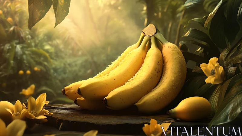 Ripe bananas arranged on wooden surface in lush jungle.