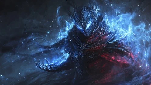 Elemental wraith channels blue flame and crimson shadow.