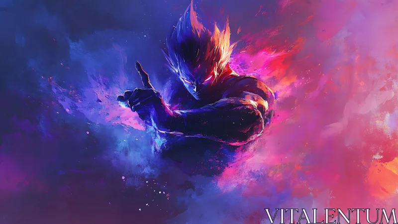 Powerful energy warrior in vivid neon fire storm.