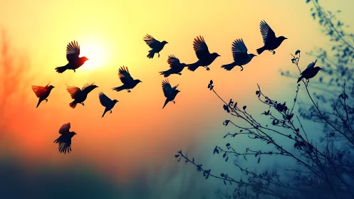 Flock of Birds Flying at Colorful Sunset in Silhouette Style.