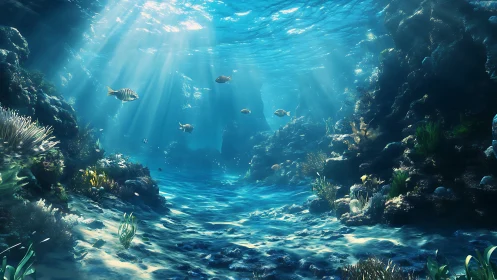 Sunlit coral reef valley with fish in clear blue water.