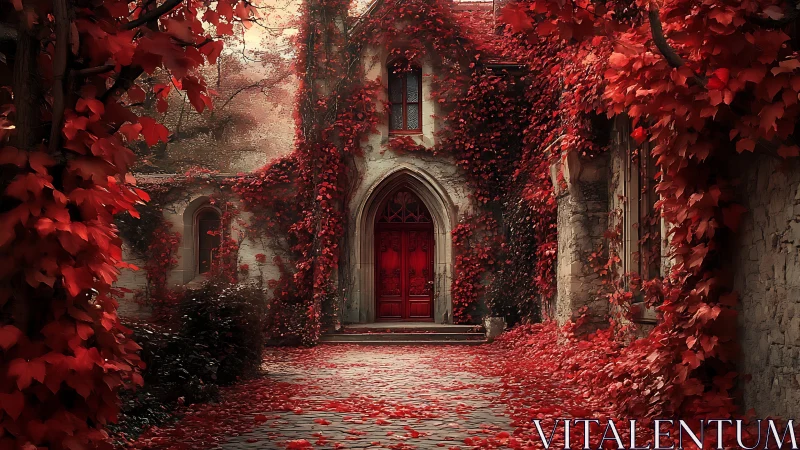 Gothic stone doorway wrapped in crimson autumn ivy glow.