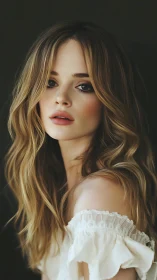 Soft-lit portrait of young woman in white lace dress.