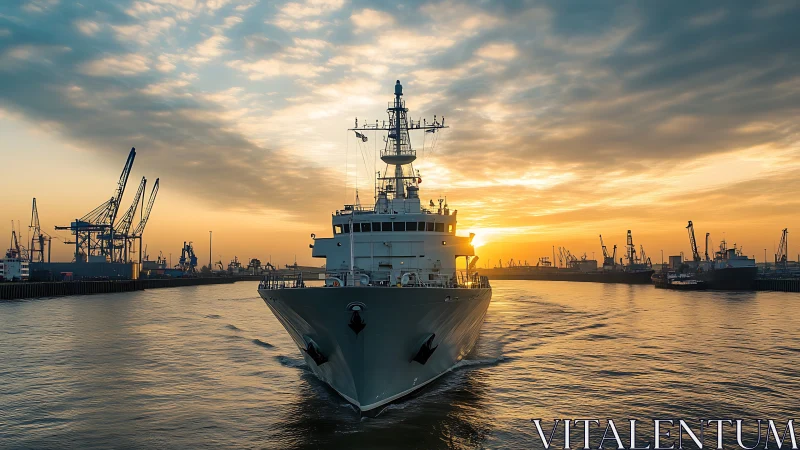 Golden harbor sunrise welcomes a ship gliding into port