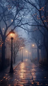 Lamplight whispers along a misty blue autumn street.