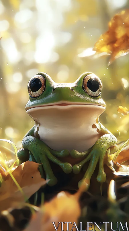 Frog sits among autumn leaves in shallow forest focus.