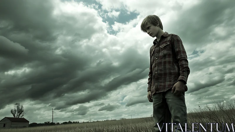 Solitary boy stands beneath brooding stormfront sky.