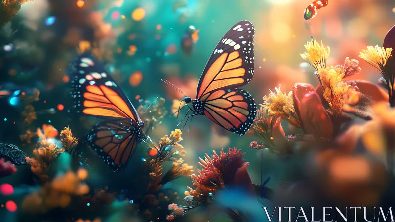 Gentle monarch butterflies drifting through glowing garden light.