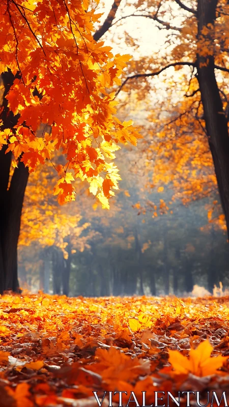 Golden maple foliage over sunlit autumn forest floor.