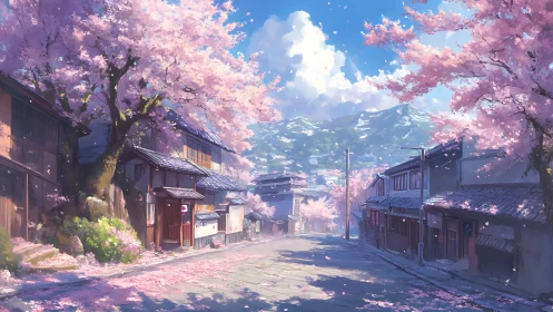 Spring-lit cherry blossom street in quiet mountain town.