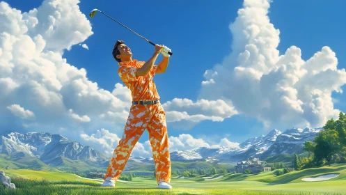Golfer in Vibrant Orange Swinging Club on Scenic Mountain Course.