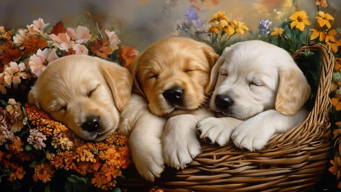 Three sleeping puppies rest in basket amid dense floral background