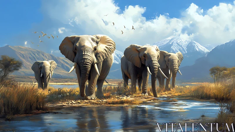 Elephants stride across a sunlit river beneath vast peaks.