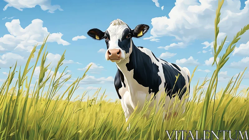 Holstein dairy cow in stylized summer meadow illustration.