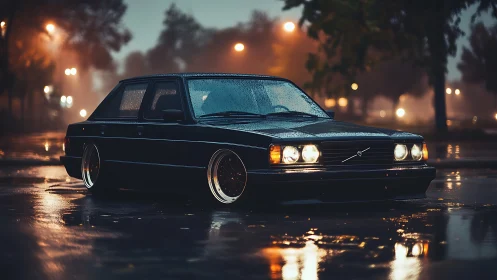 Classic Volvo sedan glowing in a rainy night city street.