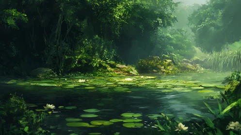 Misty Wetland Sanctuary with Luminous Water Lilies.