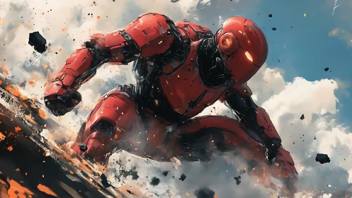 Red armored humanoid figure impacts debris-filled cloudy ground
