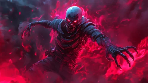 Flaming skeletal humanoid figure in red smoke environment.