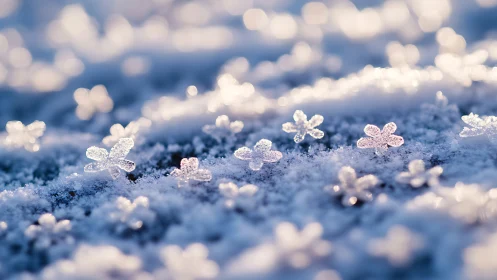 Crystalline Ice Flowers on Frozen Surface with Bokeh Sky.