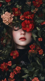 Sleeping woman lies veiled by dense red blossoms