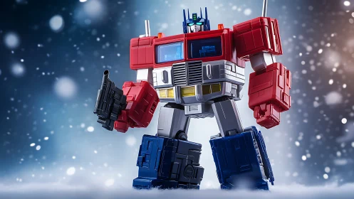Bold red robot hero stands ready in a dreamy winter glow