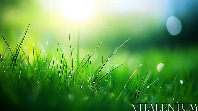 Morning dew sparkles on fresh green grass in soft sunlight.
