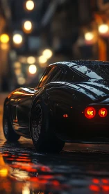 Classic black sports car on wet city street at night.
