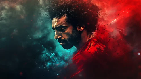 Profile portrait of male figure amid contrasting color clouds