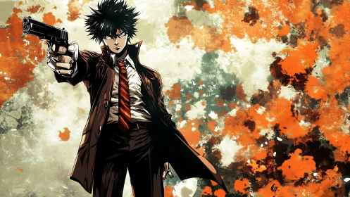 Anime gunman in trench coat against explosive abstract backdrop.