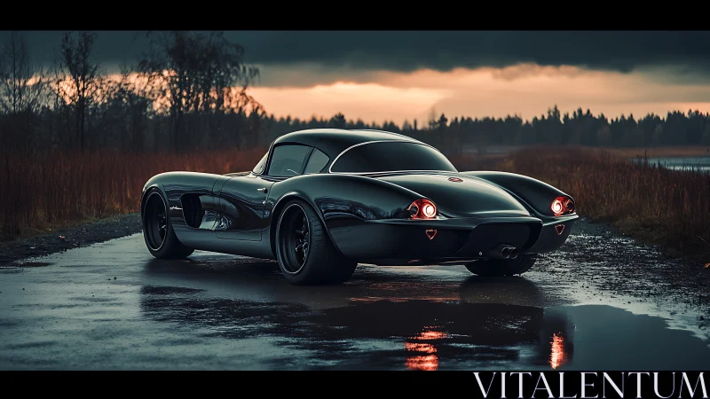 Retro-futuristic black sports coupe on wet rural road at dusk