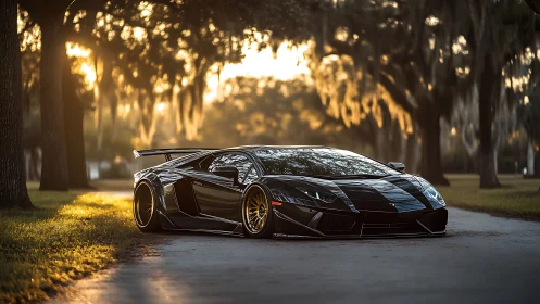 Low black sports car is parked on a tree lined road