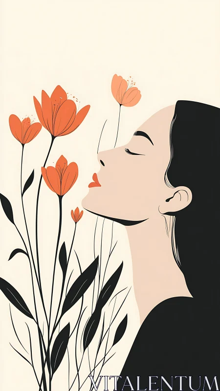 Side profile serenity with orange blooms in minimalist style.