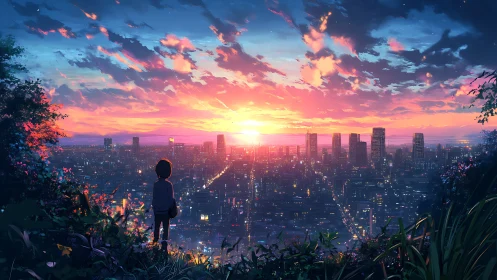 Sunset skyline panorama with solitary observer above city.