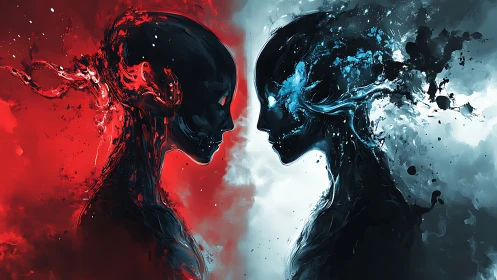 Dual elemental entities confront each other in swirling void.