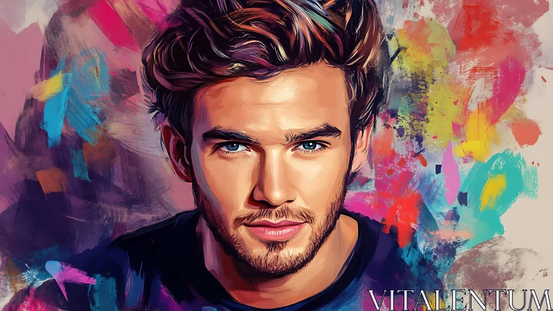 Digital male portrait is centered against abstract backdrop