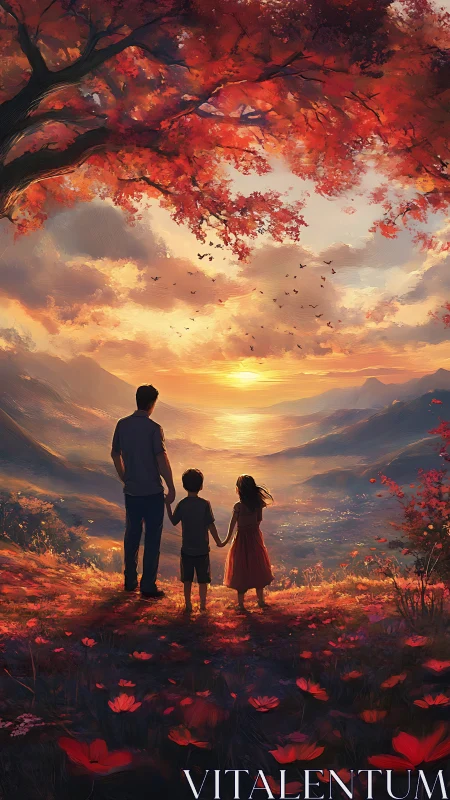 Family watches a glowing autumn sunset over misty valley