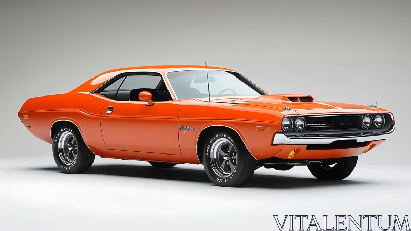 Orange classic muscle car in studio on neutral backdrop.