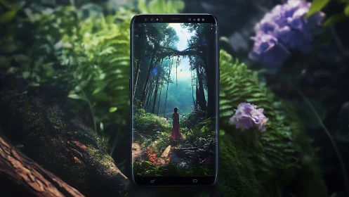 Smartphone Display Within Forest Path Framing