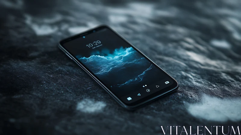 Dark smartphone displaying blue digital wave pattern on textured surface