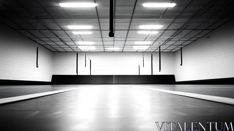 Monochrome indoor training hall with linear fluorescent lighting grid