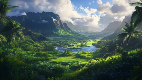 Lush tropical valley with river island rendered in high dynamic range