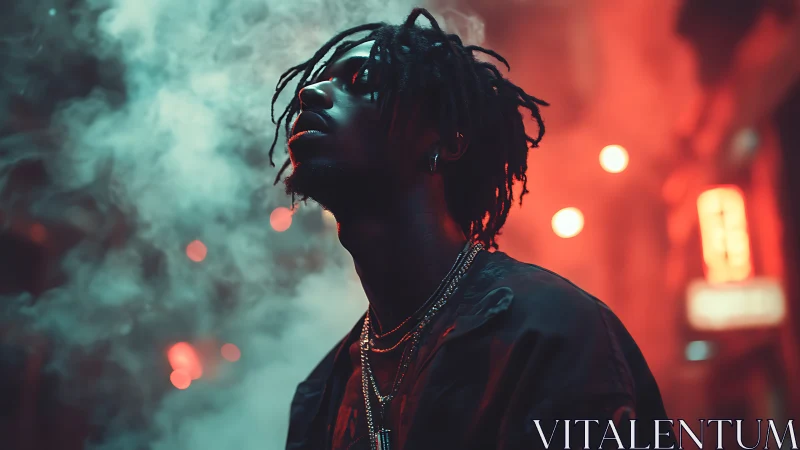 Side profile subject stands in neon lit smoke filled alleyway