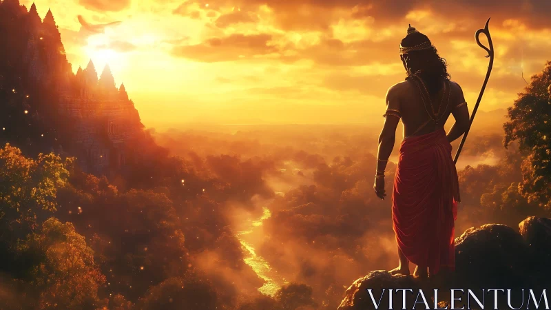 Sunlit warrior overlooks misty river valley at dawn.