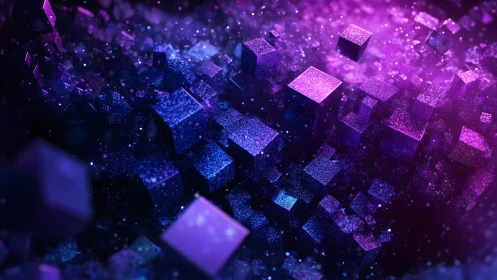 Violet and blue cubic particle field in abstract depth space.