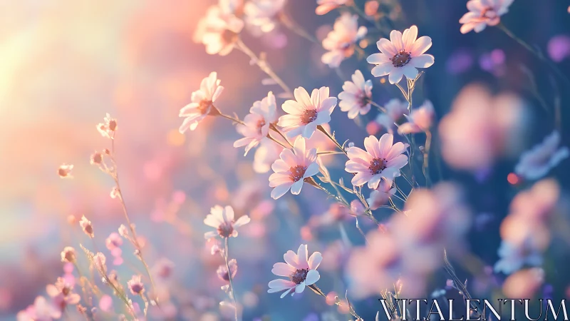 Soft-Focus Daisies Bathed in Golden-Pink Sunlight.