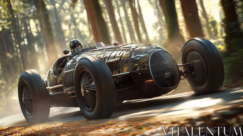 Photorealistic vintage race car blasting through forest light.