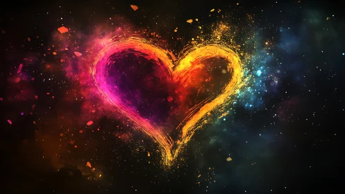 Luminous heart shape rendered with radiating particle effects.