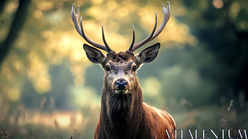Stag stands alert under golden forest bokeh light glow.
