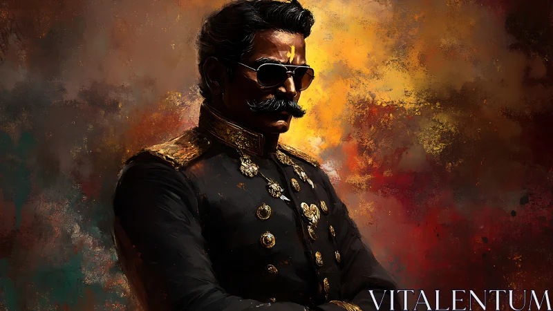 Mustached officer in decorated uniform stands against fiery backdrop