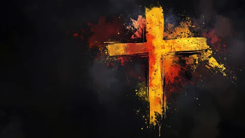 Radiant golden cross rendered in expressive paint splashes.